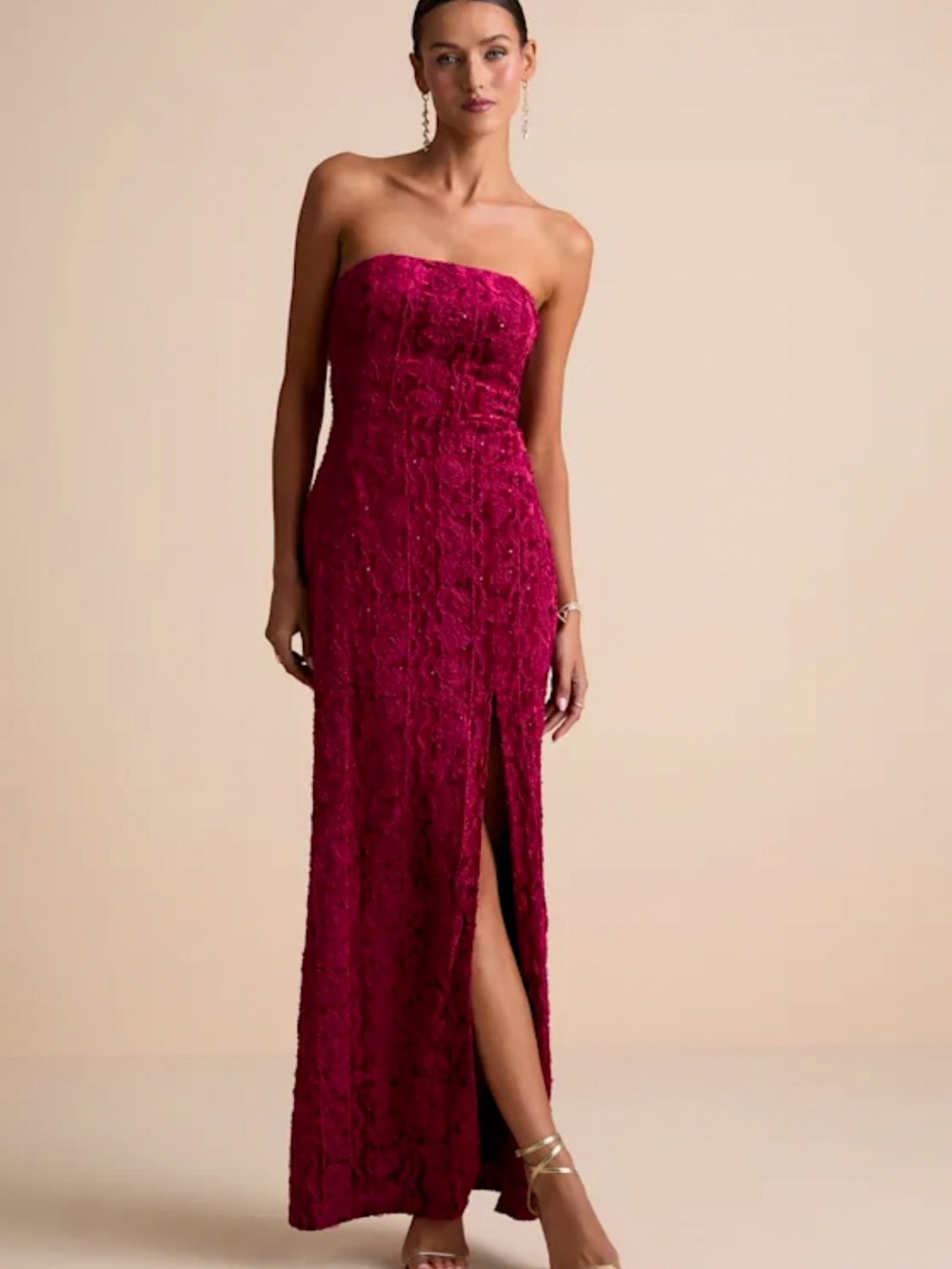 Lulu’s Chic Grace Burgundy Velvet Floral Appliqué Strapless Maxi Dress NWT L